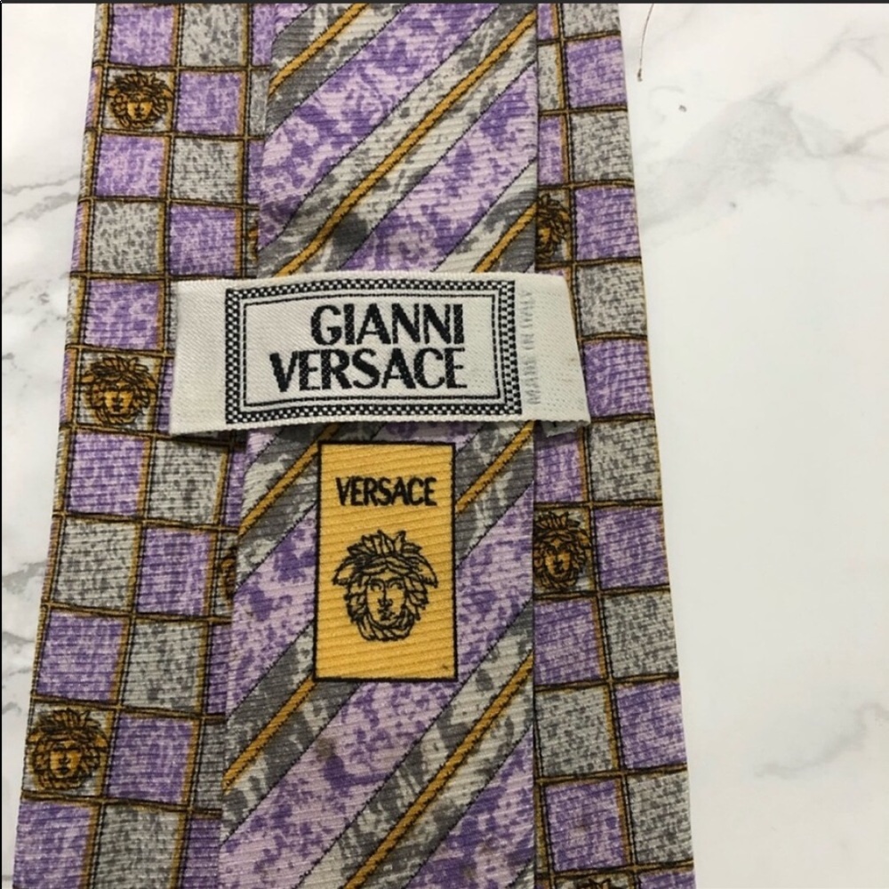 Versace Purple Grey Checkered Medusa Print Tie EUC